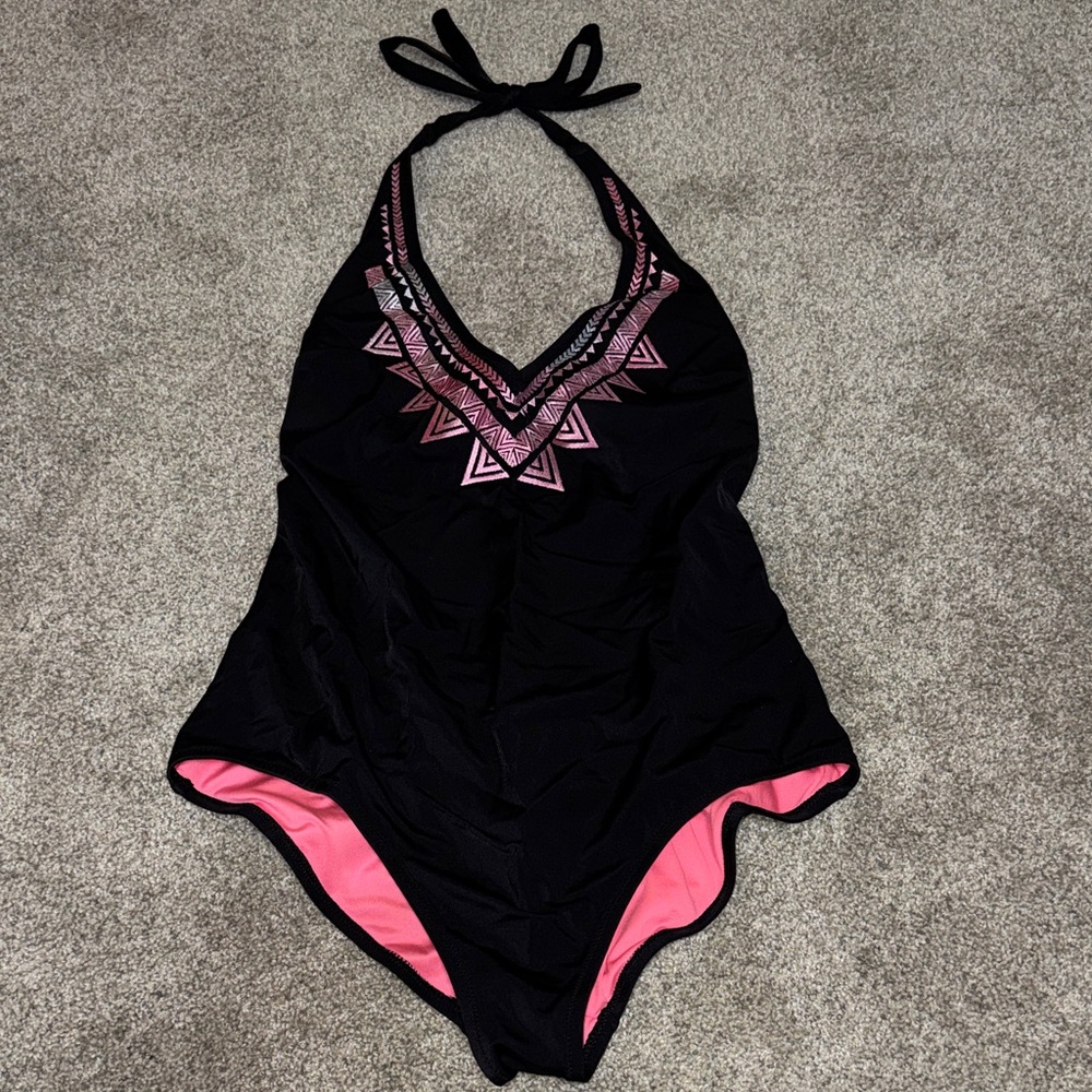 Black & Pink Halter One-Piece Swimsuit with Geometric Trim